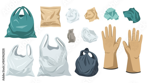 Collection of plastic bags and gloves with wrinkled textures