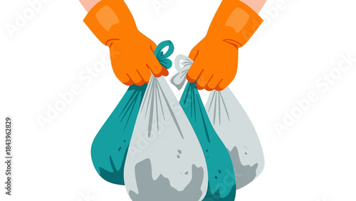 Hands holding trash bags with orange gloves in modern flat style art