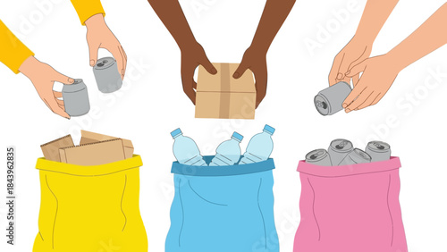 Hands sorting recyclable items into bags for eco-friendly waste management