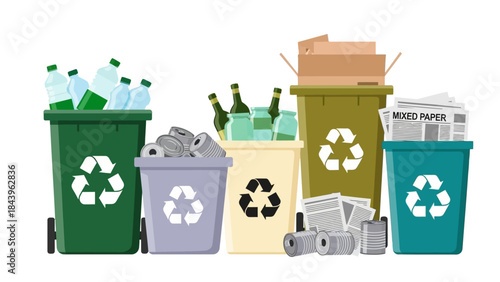 Colorful recycling bins with various materials: glass, paper, plastic, metal