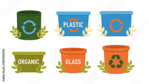 Colorful recycling bins for waste sorting and sustainability with leaf decorations