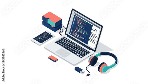 Coding workspace with laptop, headphones, smartphone, and external drives in isometric design