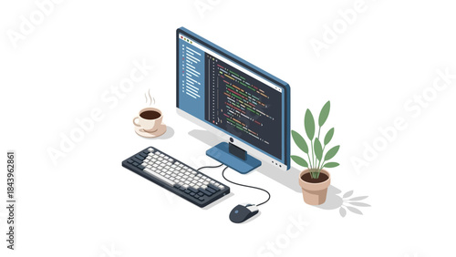 Modern isometric workspace with computer screen showing code and coffee cup