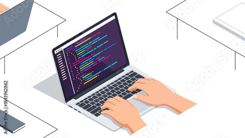 Coding on laptop with colorful interface in modern flat design for tech workspaces