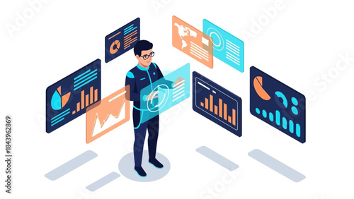 Futuristic business analyst interacting with digital data interfaces in isometric design
