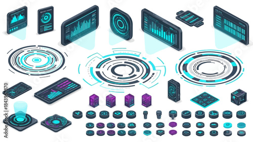 Futuristic isometric user interface elements with data analysis and holographic displays