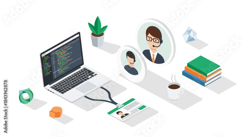 Remote work isometric design with laptop, id card, coffee, and digital connections