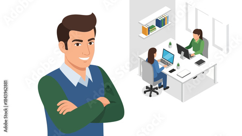 Isometric office scene with smiling professional and colleagues working at desks