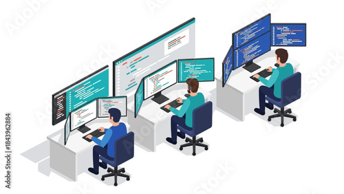 Isometric office teamwork with programmers at computer desks