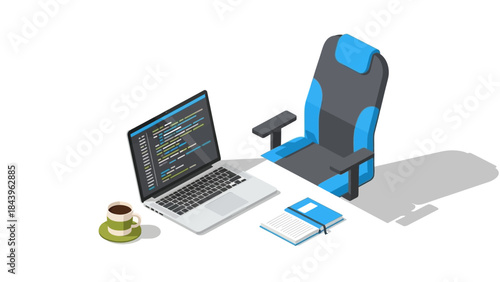 Modern workspace with laptop and office chair in isometric style
