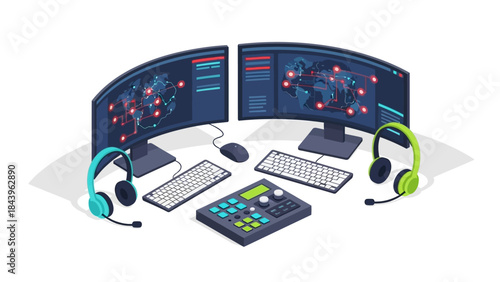 Isometric technology control room with dual monitors and headsets in modern workspace