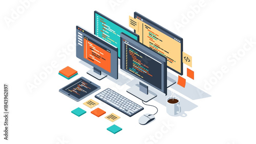 Isometric workspace with monitors and code