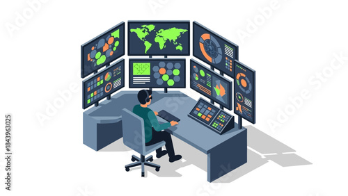 Isometric control room technology with data displays and monitoring screens