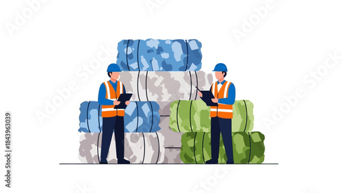 Warehouse workers in safety gear checking bales of recycled material