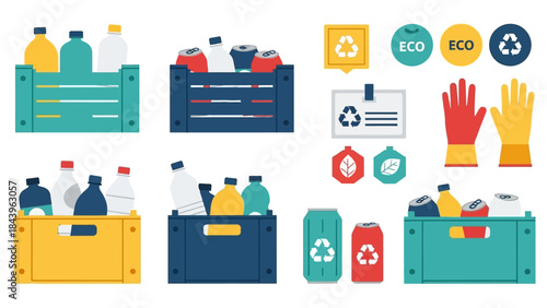 Recycling icons set with containers and eco symbols in flat style