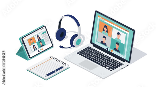 Remote communication setup with laptop, tablet, headset, and notepad for video conferencing