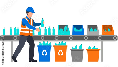 Factory worker sorting plastic bottles on recycling conveyor belt wearing safety gear