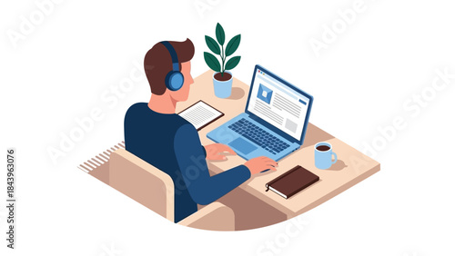 Remote work concept with a man using laptop and headphones in home office