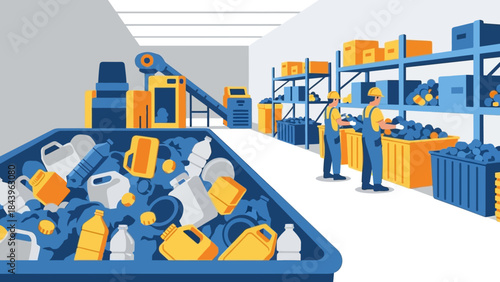Recycling facility warehouse with workers sorting recyclables in fluorescent lighting