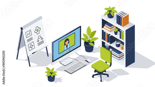 Modern isometric home office setup with digital meeting and greenery
