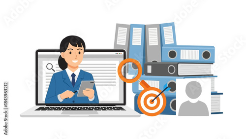 Businesswoman analyzing documents with magnifying glass at office desk