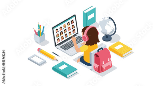 Child learning online at home with laptop surrounded by educational supplies and books in isometric style
