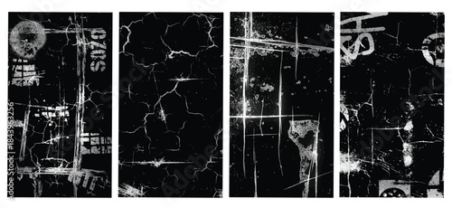 Set of grunge black and white vector backgrounds with distressed textures, cracked wall effects, urban industrial scratches, weathered ink splatters, and abstract dark vintage patterns