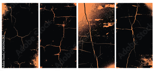 Set of dark orange and black grunge vector backgrounds featuring distressed cracked earth textures, volcanic lava surface effects, weathered stone patterns, and abstract burnt industrial grit