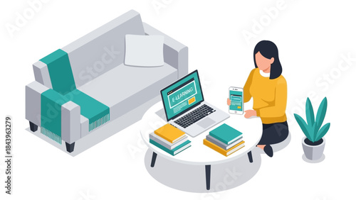 Isometric home learning setup with woman, laptop, and phone in cozy living room