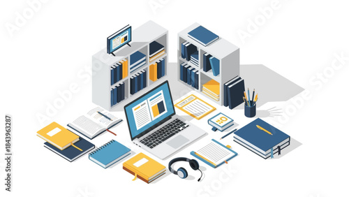 Isometric workspace with laptop and books for remote learning and productivity