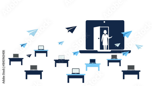Online education concept with paper planes and laptops in a classroom setting