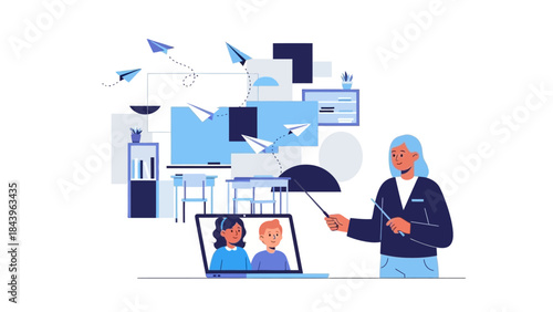 Virtual classroom learning session with teacher and students in modern flat style