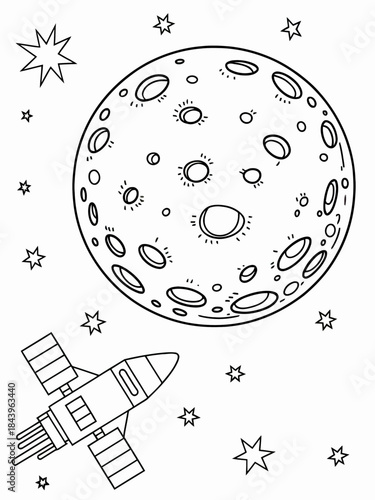 A simple line drawing shows a spacecraft orbiting a cratered moon.