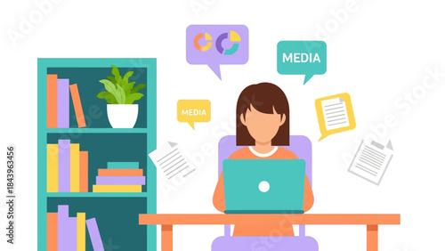 Home office: woman working on laptop surrounded by media icons and bookshelf