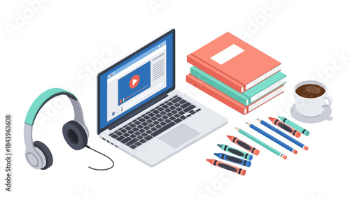 Modern workspace with laptop and stationery in isometric design