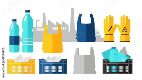 Recycling and plastic waste management concept with factory silhouette and protective gear