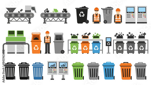 Recycling process icons featuring waste bins, workers, and machinery in a flat design