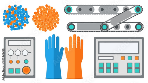 Factory automation elements with conveyor belts, gloves, and control panels