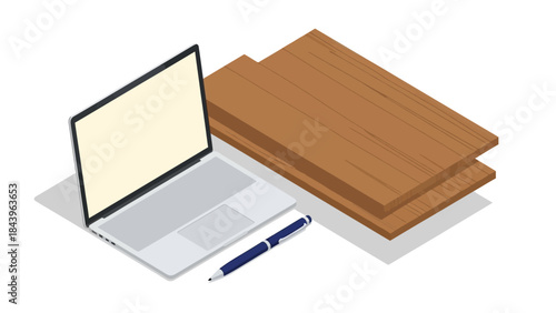 Isometric laptop with wooden planks and pen on white background