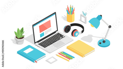 Modern workspace essentials with laptop, notebooks, and desk accessories in isometric style