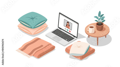 Cozy home office setup with laptop and cushions in isometric style