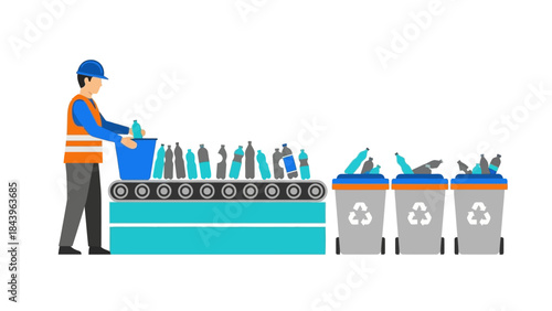 Worker sorting plastic bottles on recycling conveyor with trash bins in modern flat design