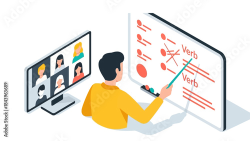 Virtual language teaching: online grammar lesson with instructor on video call