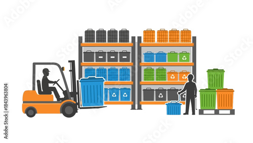 Warehouse recycling operations: forklift and containers in flat design