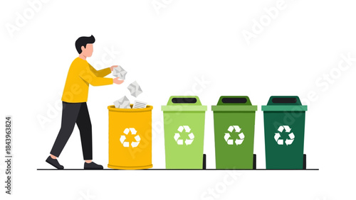 Recycling process: person sorting waste into color-coded bins with recycle symbols