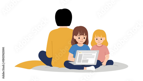 Family time with father and daughters relaxing together with digital tablet