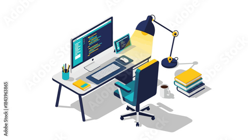 Modern home workspace for coding with computer and books in isometric design