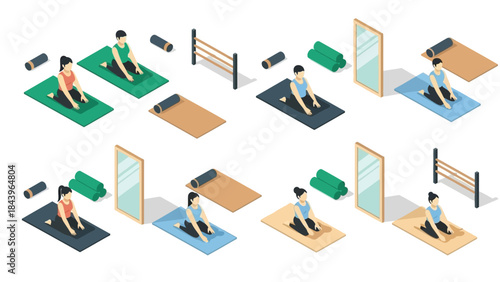 Isometric yoga poses set with people in home studio environment