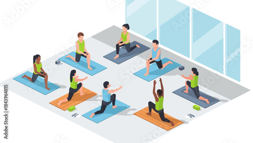 Group yoga class in modern studio with diverse people practicing poses on mats in an isometric style