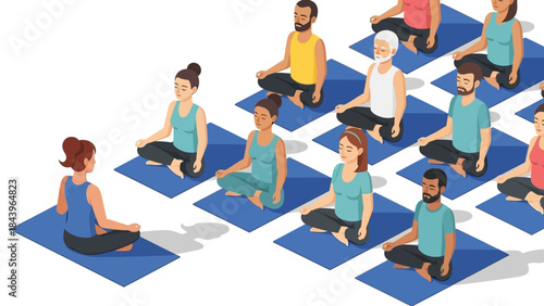 Diverse group practicing yoga in class setting with instructor in flat design